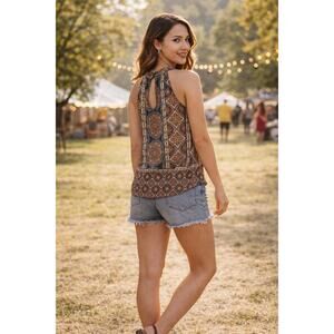 Boho Halter Tank Top Batik Scroll Print Keyhole Back Indie Festival Y2K Small